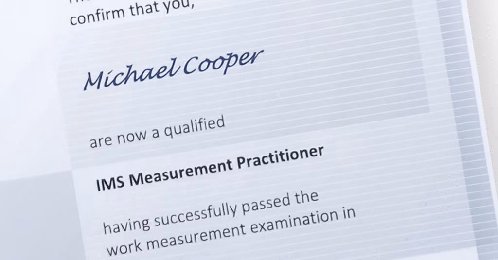 A rotated and cropped scan if a certificate for Michael Cooper, who is a qualified IMS Measurement Practitioner
