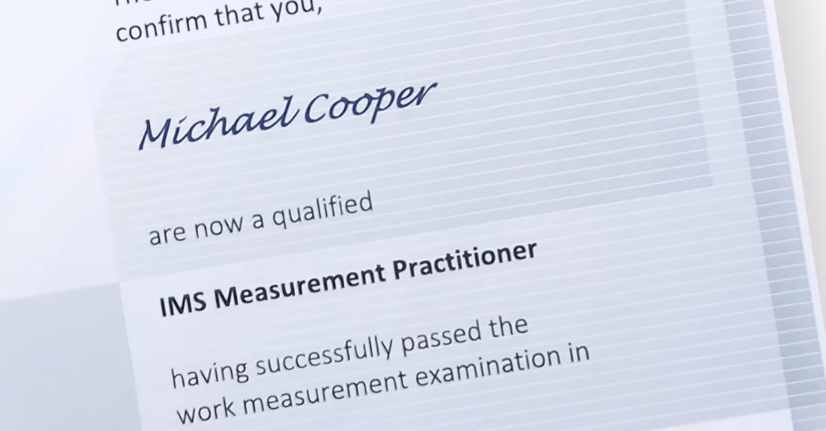 A rotated and cropped scan if a certificate for Michael Cooper, who is a qualified IMS Measurement Practitioner